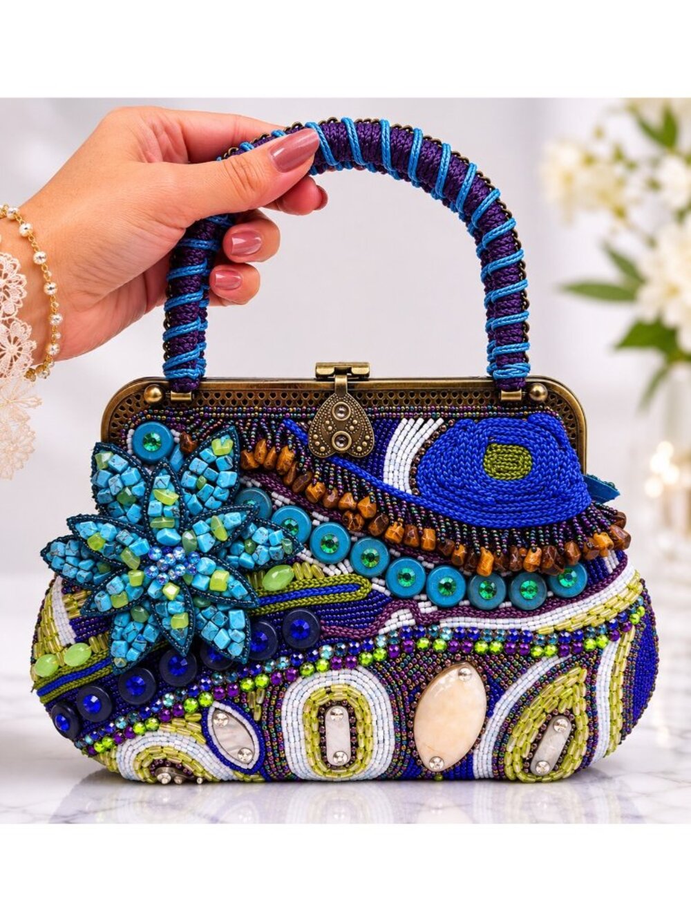 Chico's Beaded Evening Bag Blue Purple Floral Embellished Top Handle Purse - Picture 4 of 16